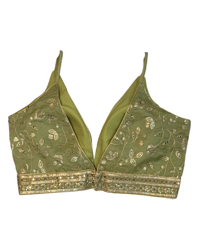 Pista Green - Low V Neck Embroidered Saree / Lehenga Blouse - 34" Bust (UK 8) Can be let out to size 10  - B216 01KV25