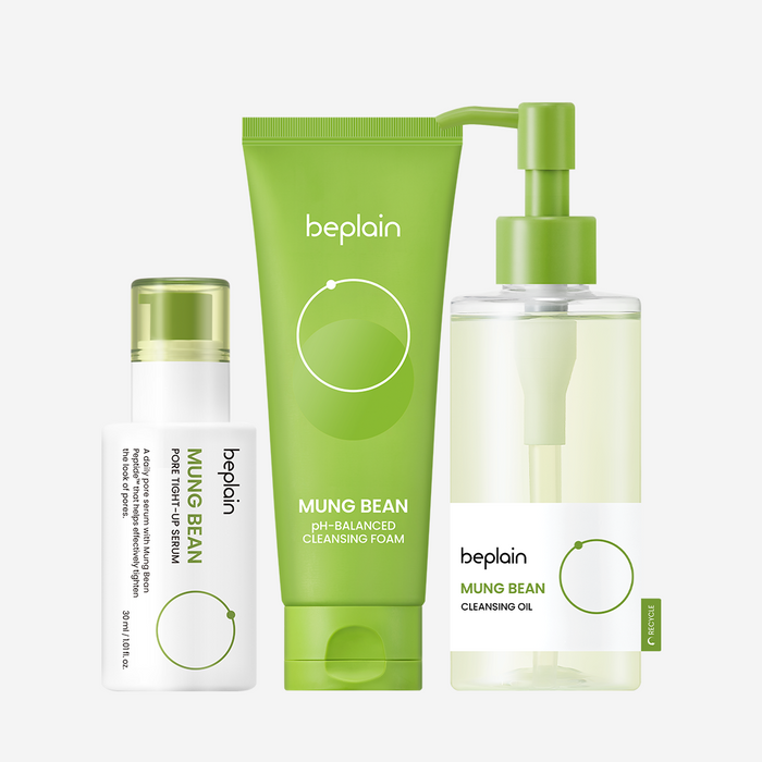 Beplain Mung Bean Poreless Recipe Skin Detox Trio Set - Cleansing Oil 200ml + Cleansing Foam 160ml + Peptide Soothing Serum 50ml