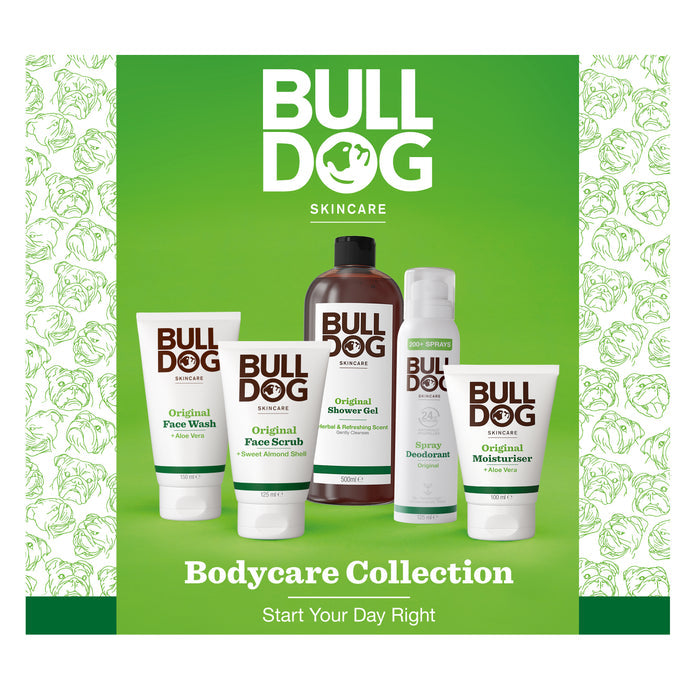 The Premium Body Care Collection for men includes a face wash, scrub, shower gel, deodorant, and moisturizer made with natural ingredients, displayed on a green and white background with bulldog illustrations.