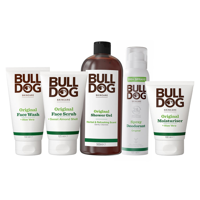 Five products from the Premium Body Care Collection for men—face wash, face scrub, shower gel, spray deodorant, and moisturiser—come in white packaging with brown and green text and are made with natural origin ingredients.
