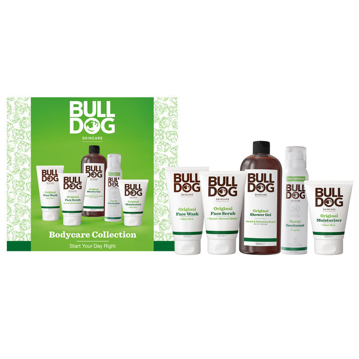 Premium Body Care Collection for men includes face wash, scrub, shower gel, deodorant, and moisturizer made with natural origin ingredients. White packaging with green accents; set box and products displayed on a white background.