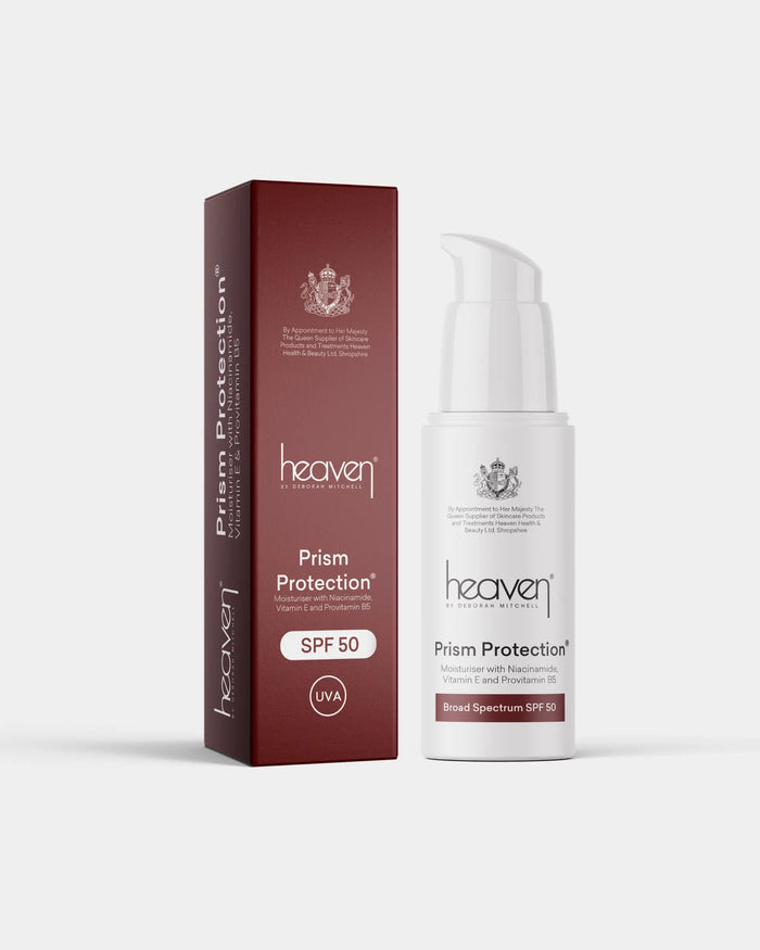 Heaven Prism Protection SPF 50 sunscreen bottle and box on a white background
