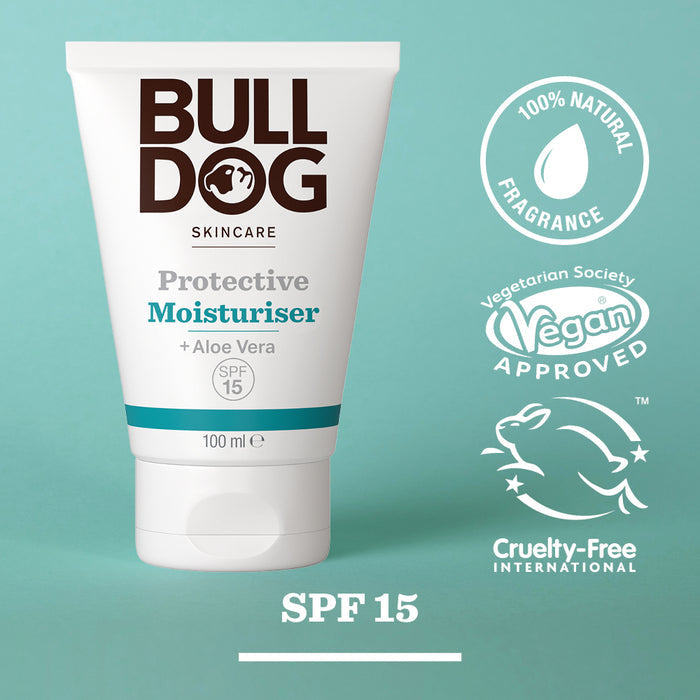 A tube of Protective Moisturiser with Aloe Vera SPF 15 stands against a teal background, featuring badges for natural ingredients. Its vegan approved, cruelty-free, and gentle on skin.