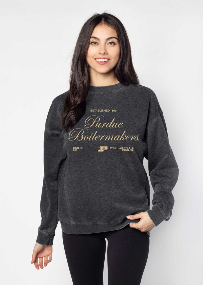 Purdue Boilermakers Unisex Charcoal Oversized Burnout fleece Sweatshirt with Ribbed crew neckline, cuffs, hem, dropped shoulders and relaxed bottom hem