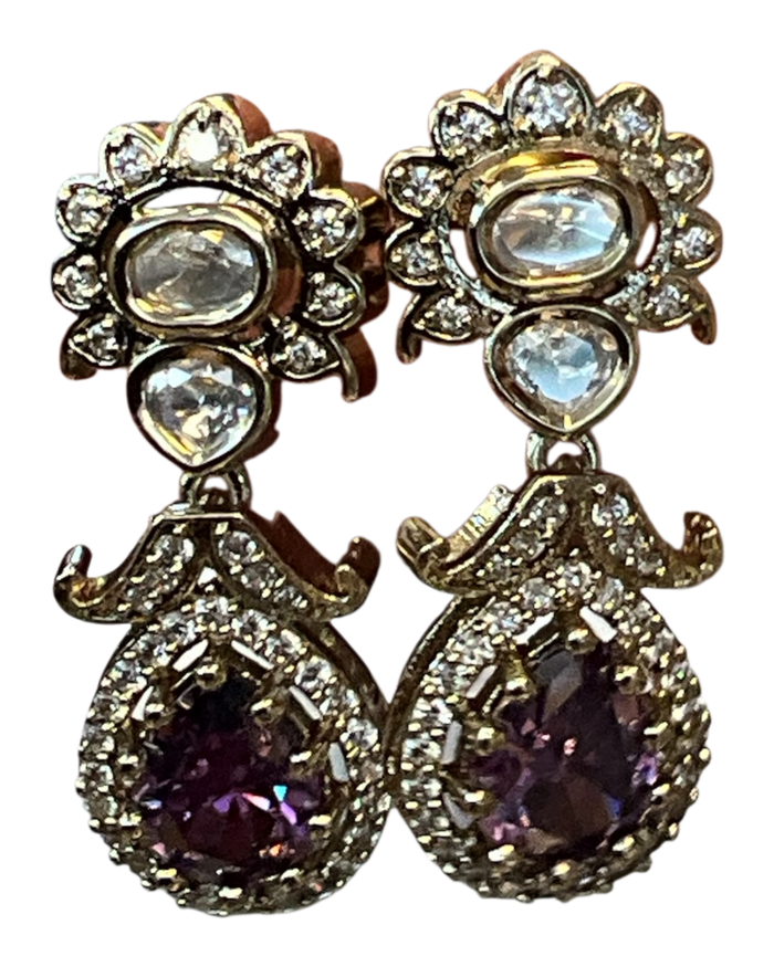 Purple - Small - Antique Gold Finish Traditional Earrings - Bollywood - Weddings - 15ER715 07J26