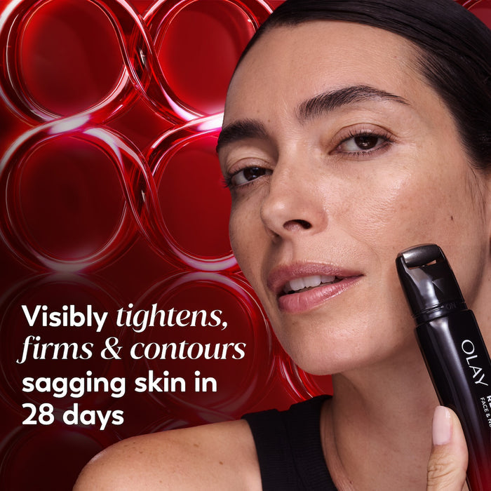 Model posing using Regenerist Face & Neck Lifting Treatment roller on face. Visibly tightens, firms and contours, sagging skin in 28 days