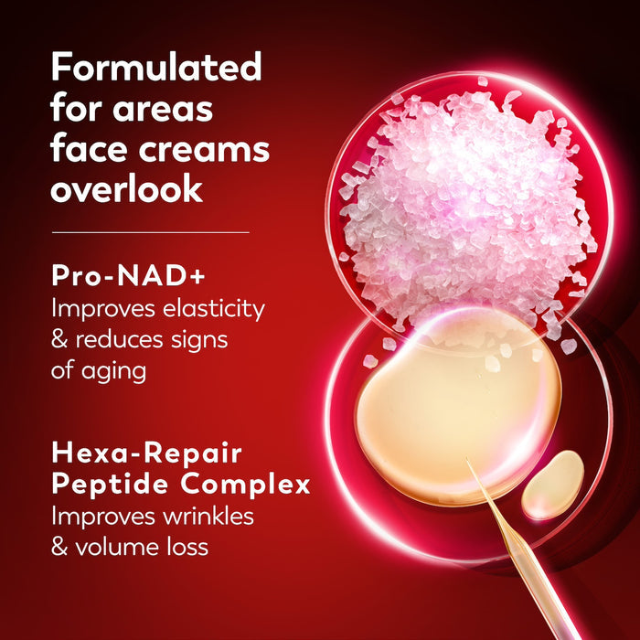 Ingredients and formula. Formulated for areas face creams overlook. Pro NAD+ improves elasticity and reduces signs of aging. Hexa Repair peptide complex improves wrinkles and volume loss.