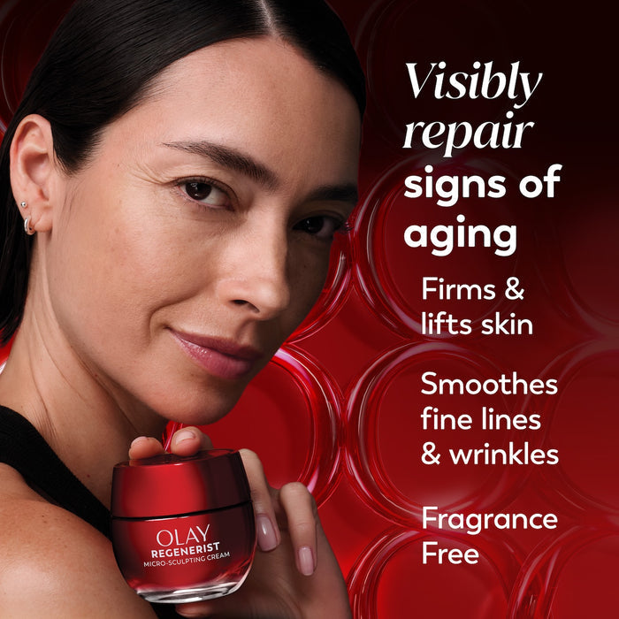 Model posing holding new Regenerist Micro-Sculpting Cream Moisturizer Fragrance Free jar. Visibly repairs signs of aging, Firms and lifts skin. Smoothes fine lines and wrinkles. Fragrance Free.