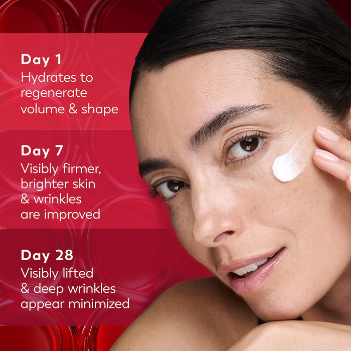 Model posing applying Regenerist Micro-Sculpting Cream Moisturizer to face. Day 1 hydrates to regenerate volume and shape. Day 7 visibly firmer, brighter skin and wrinkles are improved. Day 28 visibly lifted and deep wrinkles appear minimized.