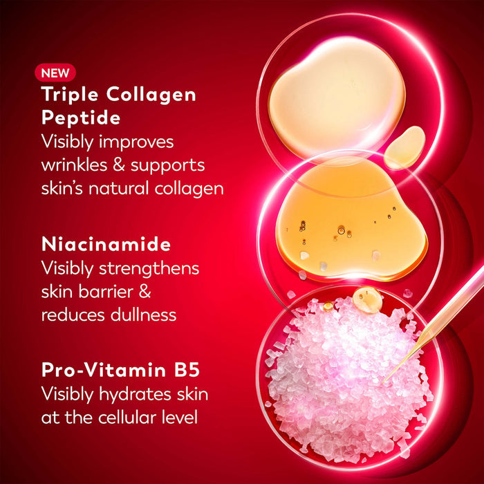 Ingredients. Triple Collagen Peptide visibly improves wrinkles and supports skin's natural collagen. Niacinamide visibly strengthens skin barrier and reduces dullness. Pro Vitamin B5 visibly hydrates skin at the cellular level.