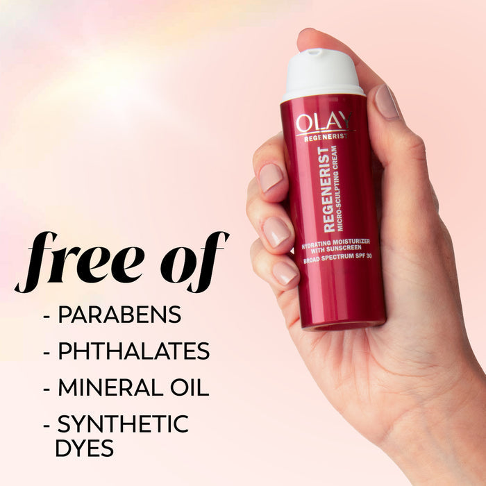 Micro-Sculpting Cream Moisturizer SPF 30 bottle in hand. Free of parabens, phthalates, mineral oil, synthetic dyes