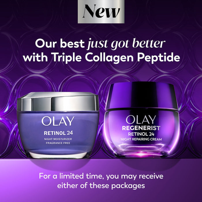 Olay Retinol24 Night Moisturizer old jar and new. Our best just got better with triple collagen peptide. For a limited time, you may receive either of these packages