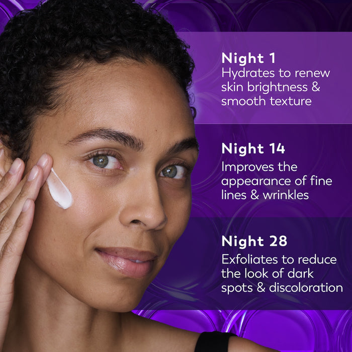 Model posing applying Olay Retinol24 Night Moisturizer to face. Night 1 hydrates to renew skin brightness and smooth texture. Night 14 improves the appearance of fine lines and wrinkle. Night 28 exfoliates to reduce the look of dark spots and discoloration