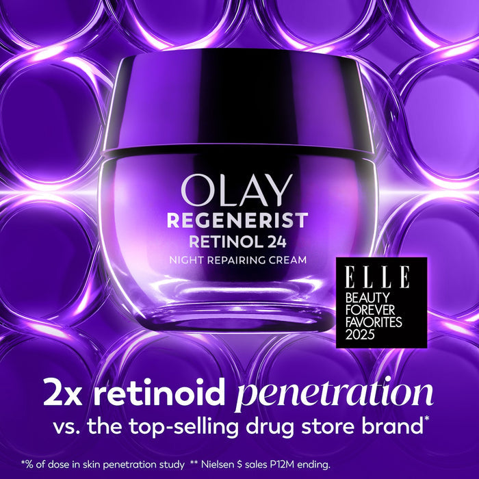 New Olay Retinol24 Night Moisturizer jar. 2x retinoid penetration vs the top selling drug store brand* *% of dose in skin penetration study **Nielsen $ sales P12M ending. Elle Beauty Forever Favorites 2025