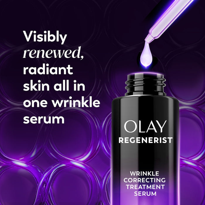 Regenerist Wrinkle Correcting Night Treatment bottle open showing dropper. Visibly renewed, radiant skin all in one wrinkle serum.