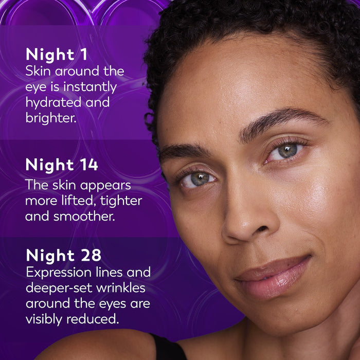 Model posing. Night 1 skin around the eye is instantly hydrated and brighter. Night 14 the skin appears more lifted , tighter and smoother. Night 28 expression lines and deeper set wrinkles around the eyes are visibly reduced.