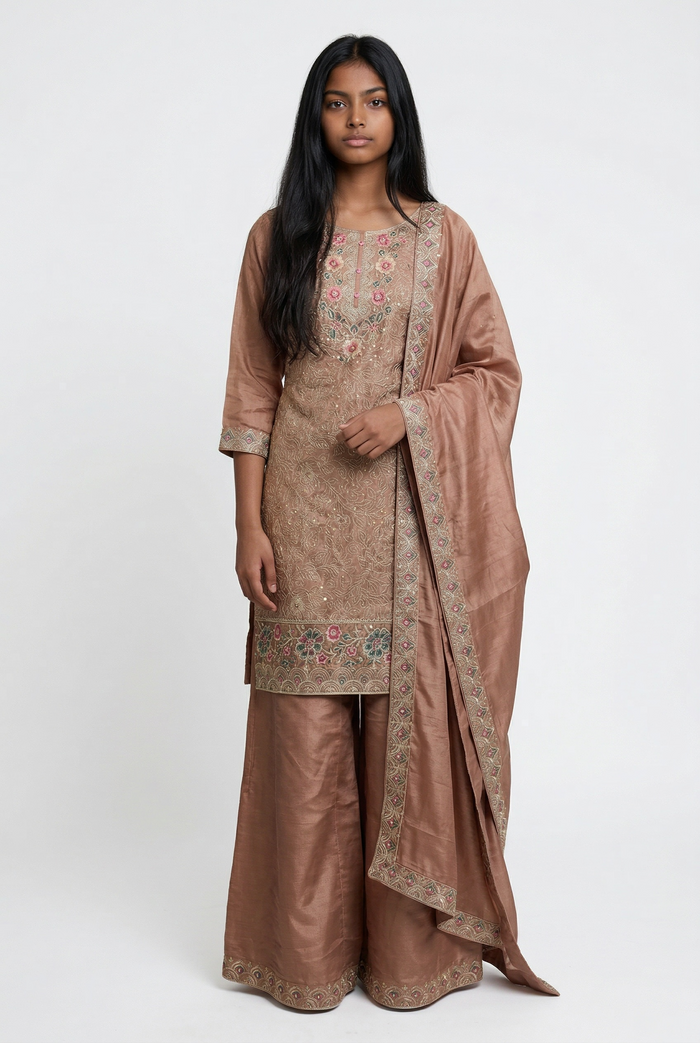 Rose Gold - Ladies Medium Length Top Palazzo Trousers Suit - Size 12 (38") - KTC250149 TK