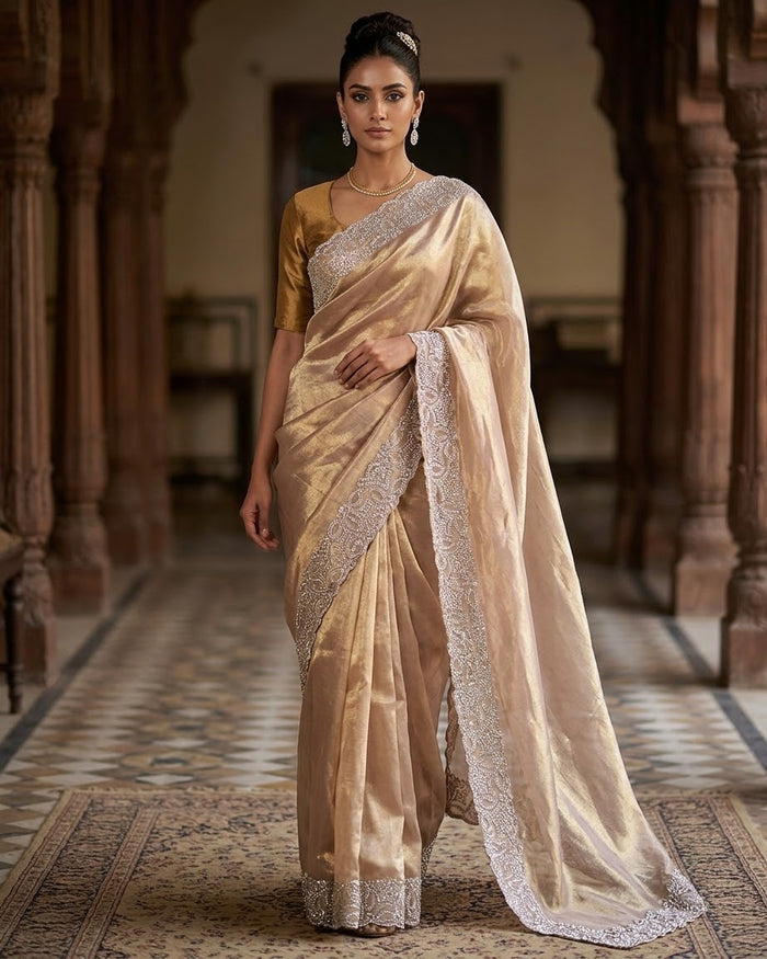 Rose Gold - Saree with Thread / Stone Embroidery and Blouse Piece - UK stock - 24hr Dispatch - SP2621 VC