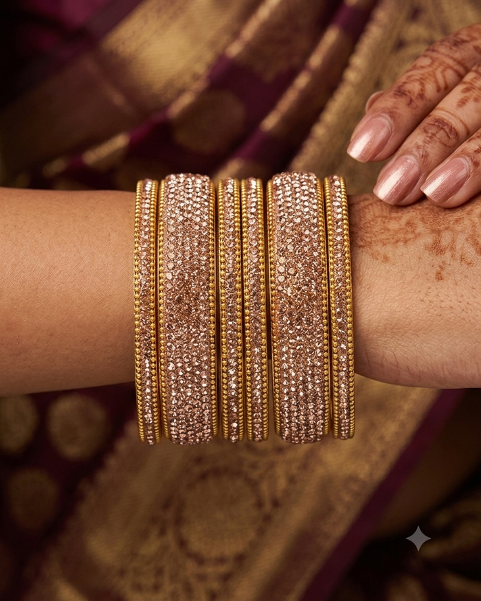 Rose Gold Finish - Set of 6 Stone Bangles -  M to XXL - 5Line 07Kp26