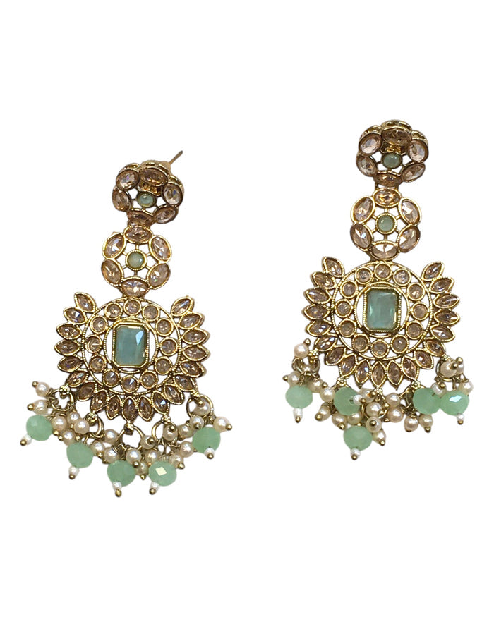 Sea Green - Large - Antique Gold Finish Traditional Earrings - Bollywood - Weddings - PRI1773  11Tp24