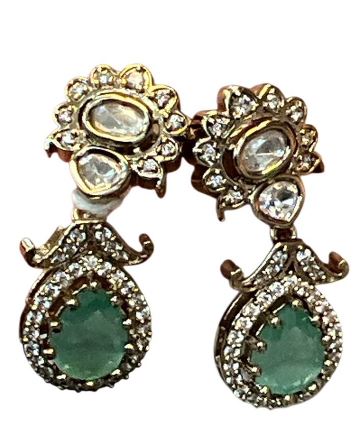 Sea Green - Small - Antique Gold Finish Traditional Earrings - Bollywood - Weddings - 15ER715 07J26