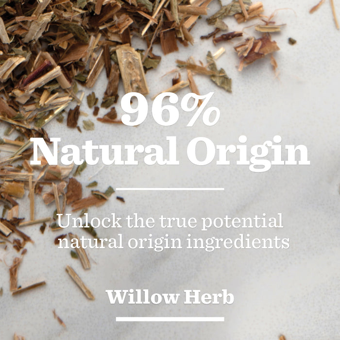 Loose dried willow herb scattered on a light surface with text overlay: “Sensitive Aftershave Balm: 96% Natural Origin. Unlock the power of natural ingredients for sensitive skin. Featuring Willow Herb.”.