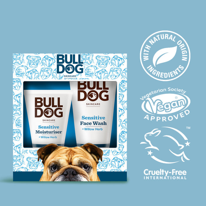 The Sensitive Duo Set includes Sensitive Moisturiser and Face Wash with willow herb in a bulldog-illustrated box. With vegan, cruelty-free, and natural origin logos, it's the ideal gift for men with sensitive skin.