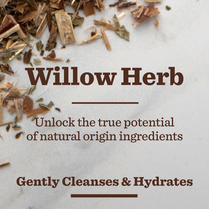 Dried willow herb scattered on a light surface with text: Willow Herb. Discover natural origin care with the Bulldog Skincare Sensitive Duo Set—gently cleanses and hydrates, making it an ideal gift for men.