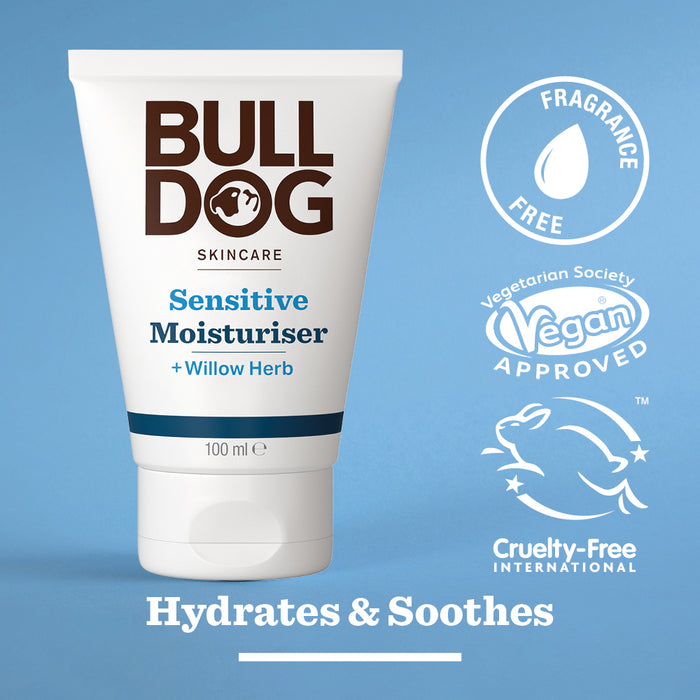 A tube of Sensitive Moisturiser (100 ml) with natural origin ingredients and Willow Herb, on a blue background. Icons highlight its fragrance-free, vegan approved, cruelty-free. Text: Hydrates & Soothes sensitive skin.