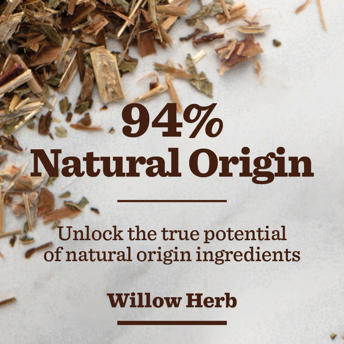 A blend of dried herbs on a light background with text: 94% Natural Origin. Discover Sensitive Moisturiser, enriched with natural ingredients like Willow Herb—ideal for sensitive skin.