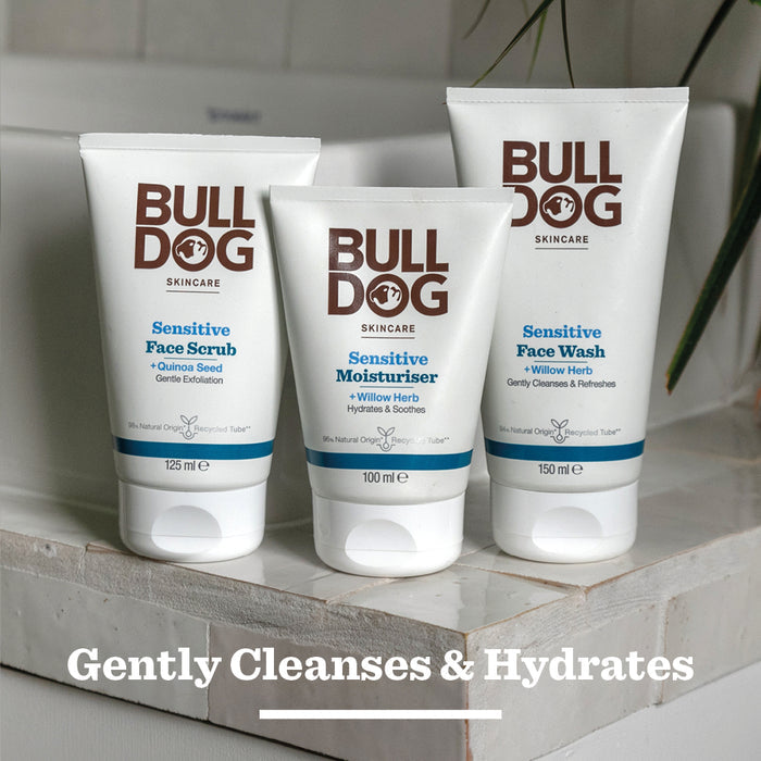 Bulldog Skincare’s Sensitive Moisturiser, made with natural origin ingredients for sensitive skin, is shown on a bathroom surface with the text “Gently Cleanses & Hydrates” beneath it.