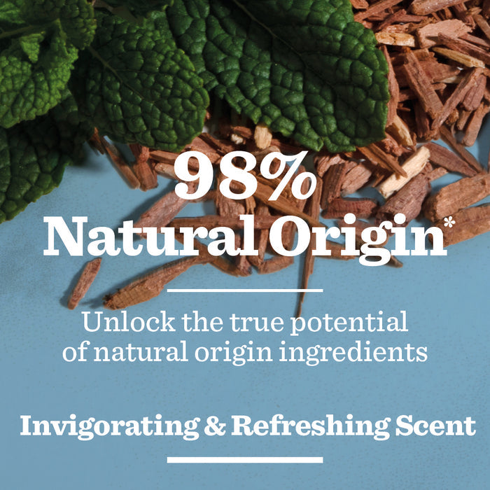 A close-up of green mint leaves and wood chips on blue, overlaid with text promoting the Sensitive Spray Deodorant Bundle—98% natural origin, featuring an invigorating scent for a refreshing grooming experience with natural ingredients.