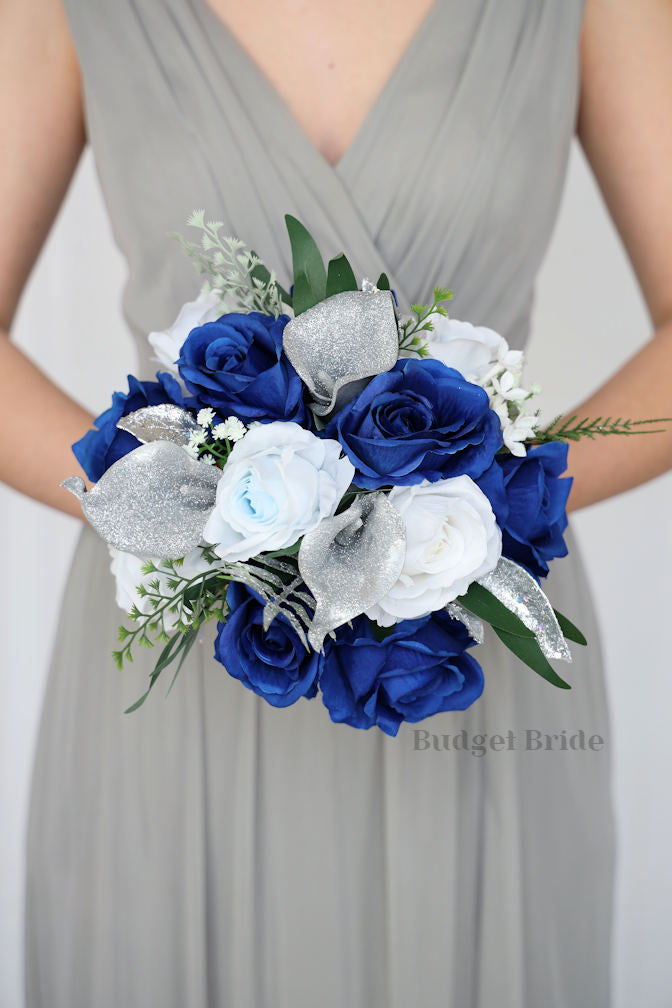 Silk Wedding Bouquet in Blue and Silver - $195.00 | Crystal Collection