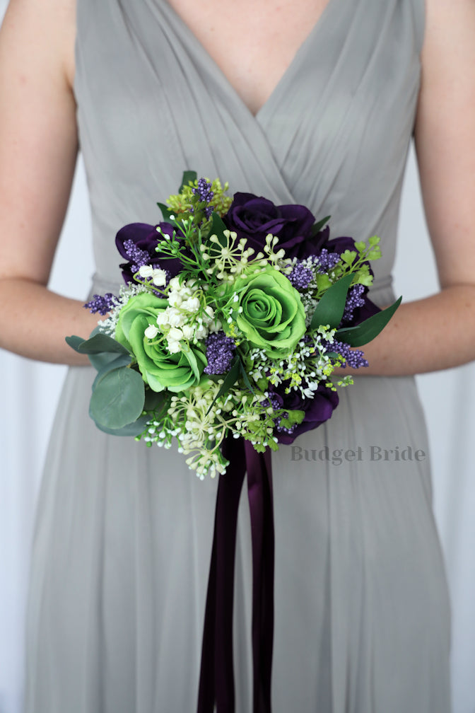 Silk Wedding Bouquet in Plum and Green - $58.50 | Shelter Collection