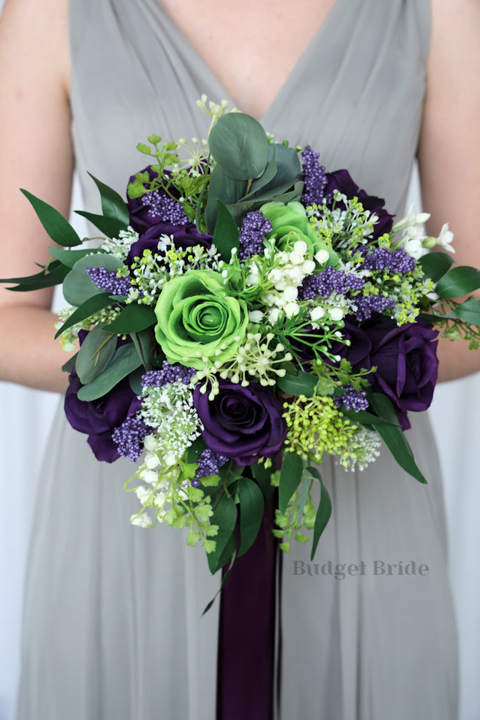 Silk Wedding Bouquet in Plum and Green - $58.50 | Shelter Collection