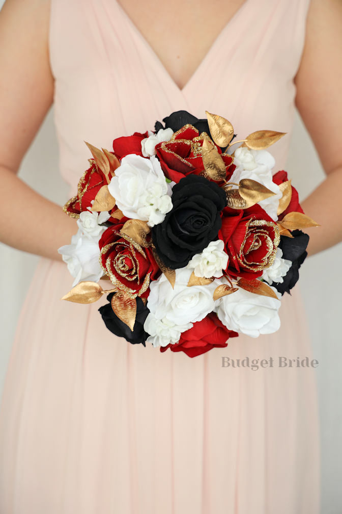 Silk Wedding Bouquet in Red, Black and Gold - $45.00 | Ruby Collection