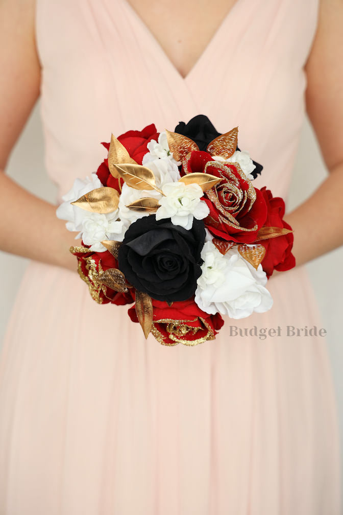 Silk Wedding Bouquet in Red, Black and Gold - $45.00 | Ruby Collection