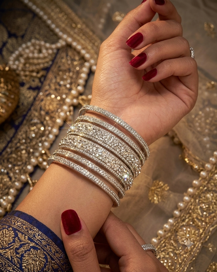 Silver Finish - Set of 6 Stone Bangles -  M - XXL - 5Line 07Kp26
