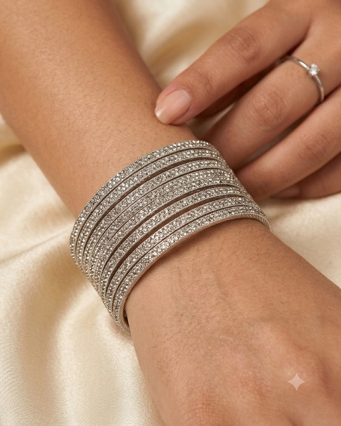 Silver Finish - Set of 8 Stone Bangles -  M to XXL - HAN2601 07Ka26