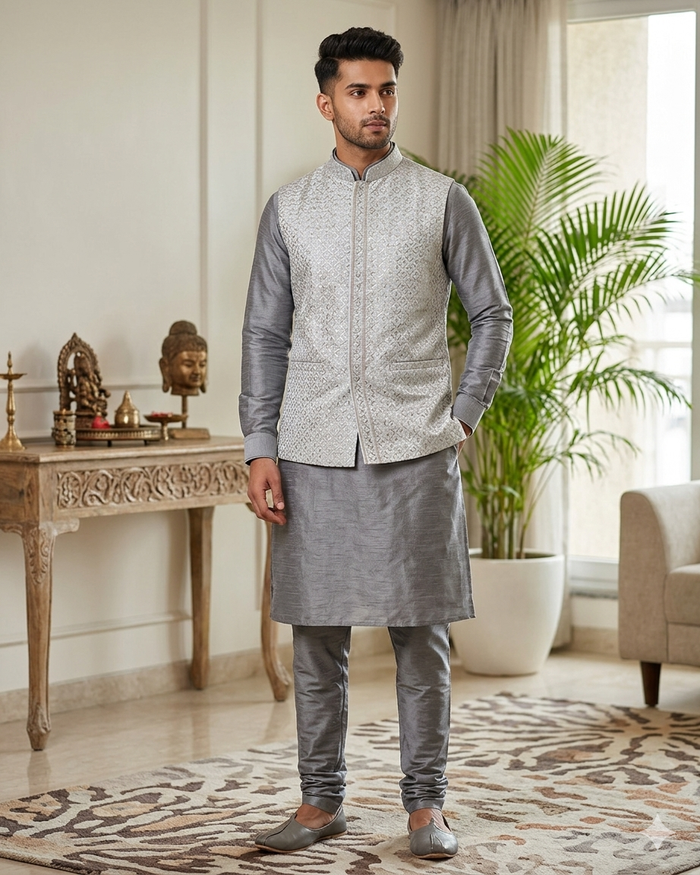 Silver / Pastel - Grey - All Over Embroidered - Mens Indian Waistcoat - UK Stock - 24 hr Dispatch - KCS4835 06KA26