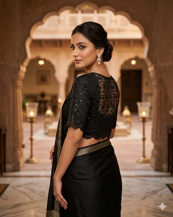 Size 34" / UK 8 - Black - Rich Net Lace Saree blouse with cups - UK Stock - Quick Delivery - RNK - N621-KJ