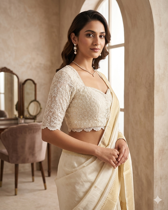 Size 36" / UK 10 - Cream - Shimmery Crinkle Halter Neck Saree blouse with cups - UK Stock - Quick Delivery - RNK - N621-KJ