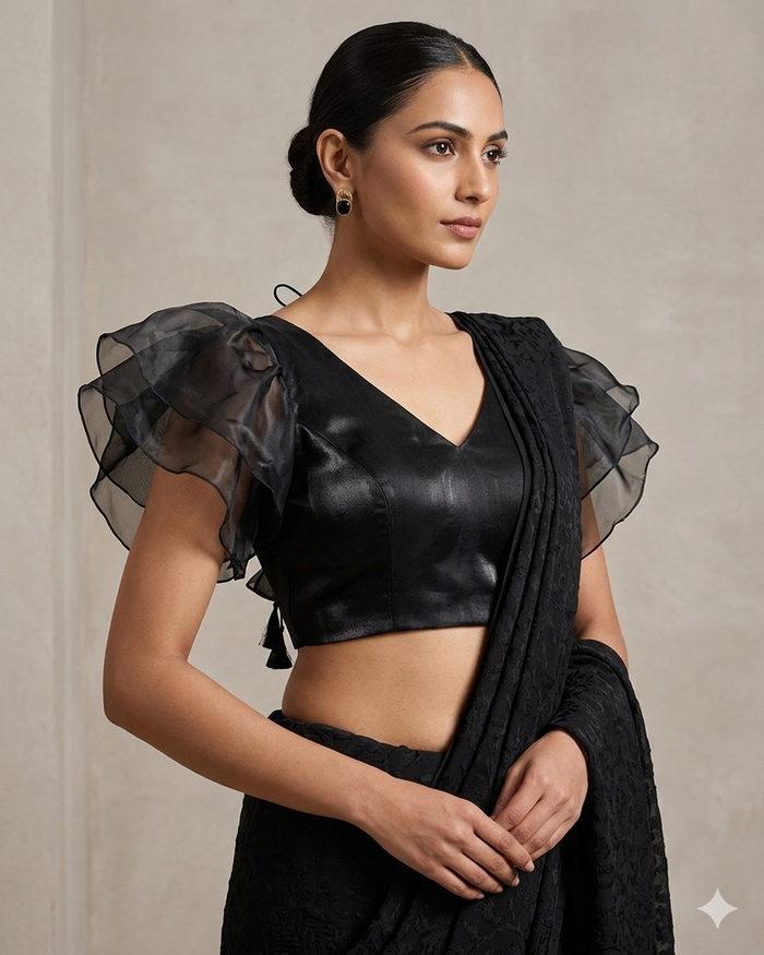Size 38" / UK 12 - Black - Butterfly Sleeves Saree blouse with cups - UK Stock - Quick Delivery - RNK - R975-KK