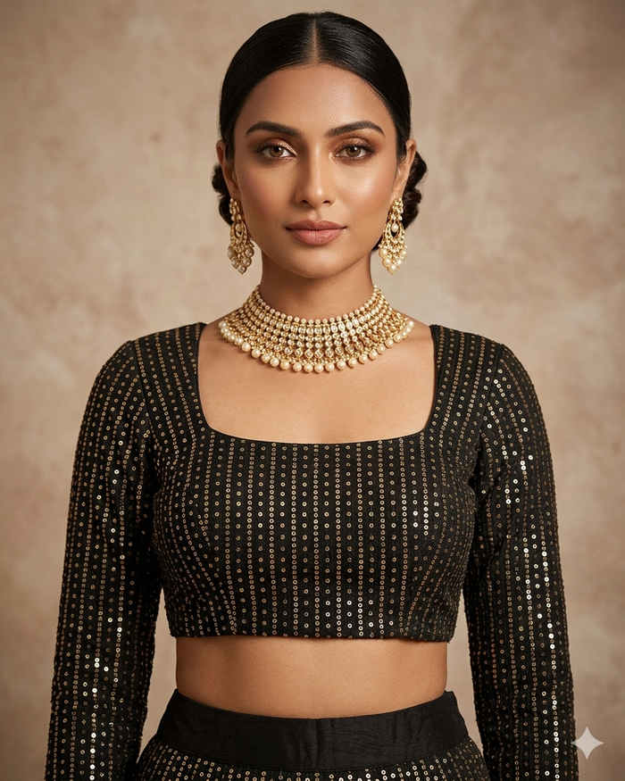 Size 38" / UK 12 - Black - Rich Sequins Embroidered Long Sleeve Saree blouse with cups - UK Stock - Quick Delivery - RNK - R860-KA