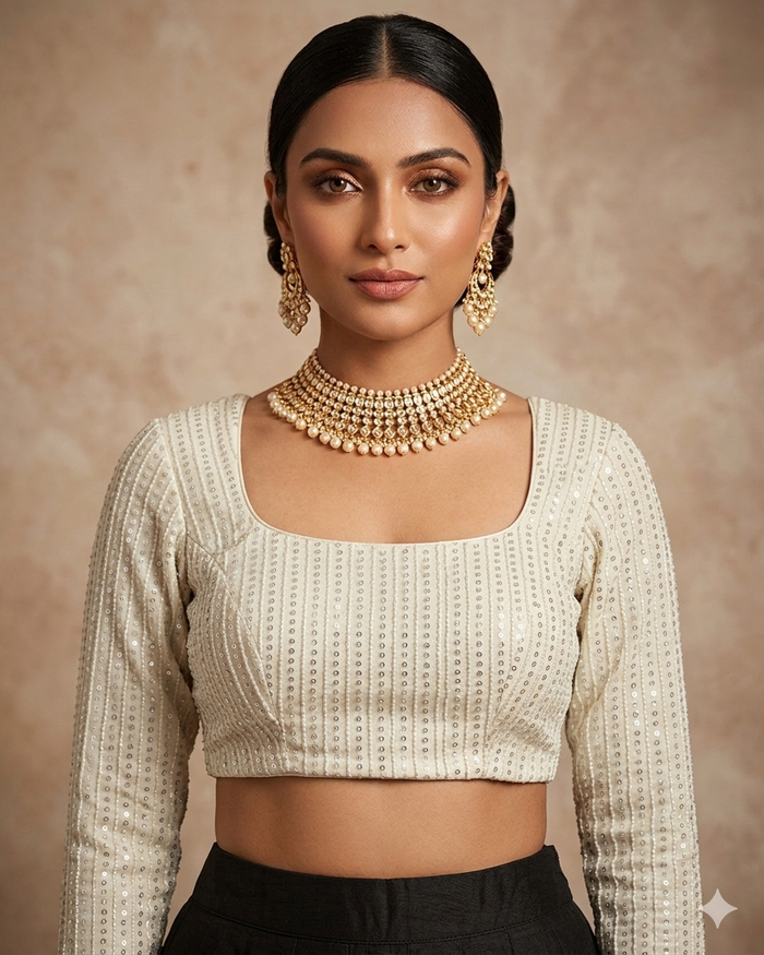 Size 38" / UK 12 - Cream - Rich Sequins Embroidered Long Sleeve Saree blouse with cups - UK Stock - Quick Delivery - RNK - R860-KA