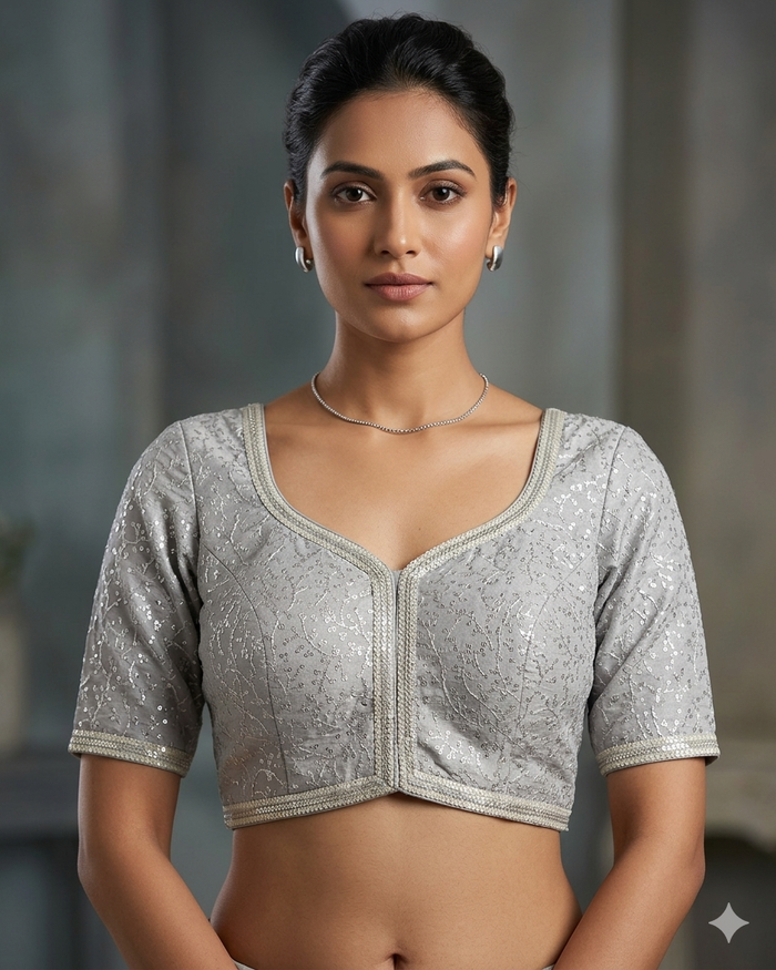 Size 40" / UK 14 - Silver Grey - Rich Silky Embroidered Saree blouse with cups - UK Stock - Quick Delivery - RNK - R885-KC