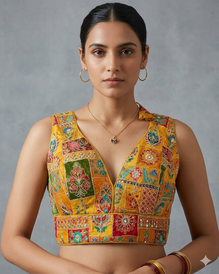 Size 40" / UK 14 - Yellow / Amber - Rich Silky Printed Saree blouse with cups - UK Stock - Quick Delivery - RNK - R961-KV