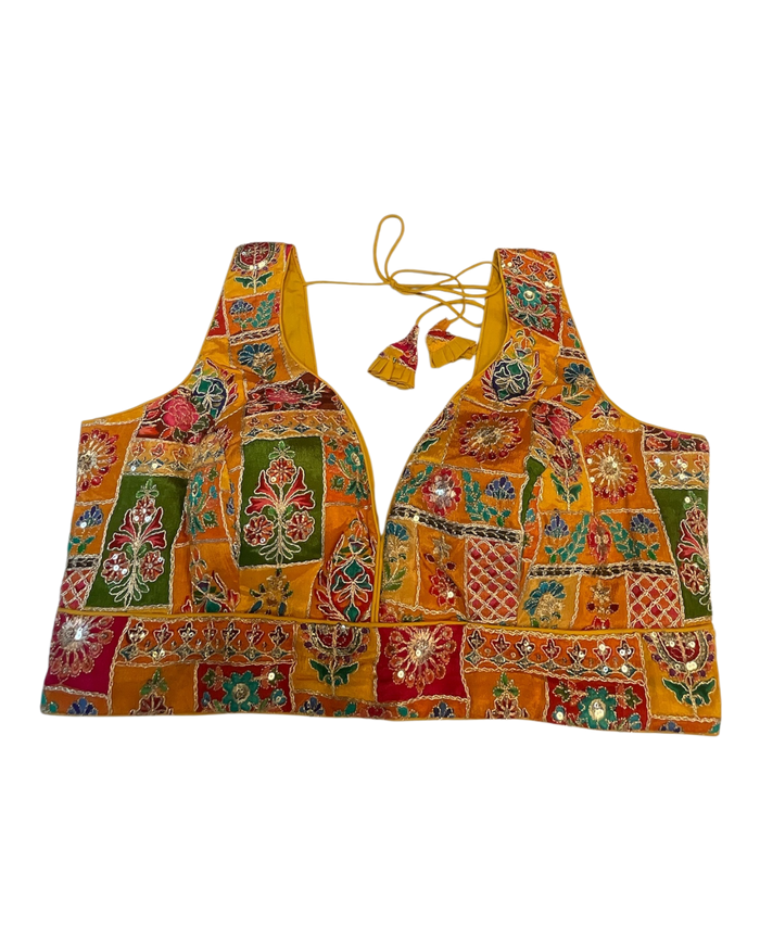 Size 40" / UK 14 - Yellow / Amber - Rich Silky Printed Saree blouse with cups - UK Stock - Quick Delivery - RNK - R961-KV