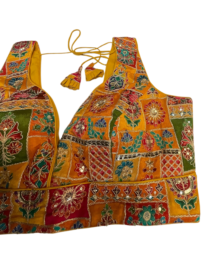 Size 40" / UK 14 - Yellow / Amber - Rich Silky Printed Saree blouse with cups - UK Stock - Quick Delivery - RNK - R961-KV