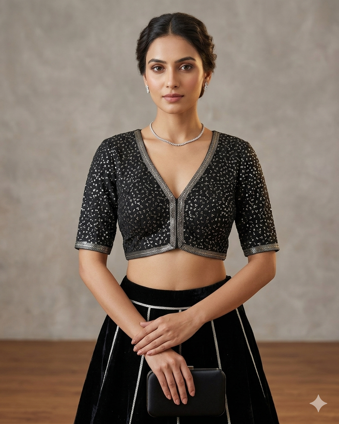 Size 42" / UK 16 - Black - Rich Silky Embroidered Saree blouse with cups - UK Stock - Quick Delivery - RNK - R885-KC